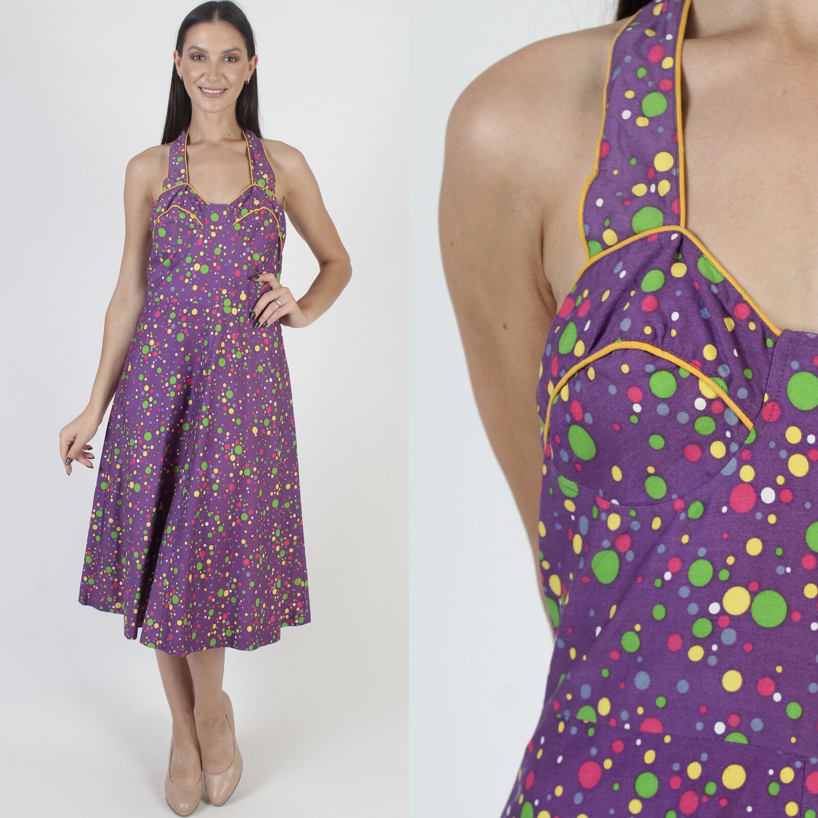 Vtg Rainbow Polka Dot Halter Dress Sweetheart Open Back Backless 70s Full Skirt