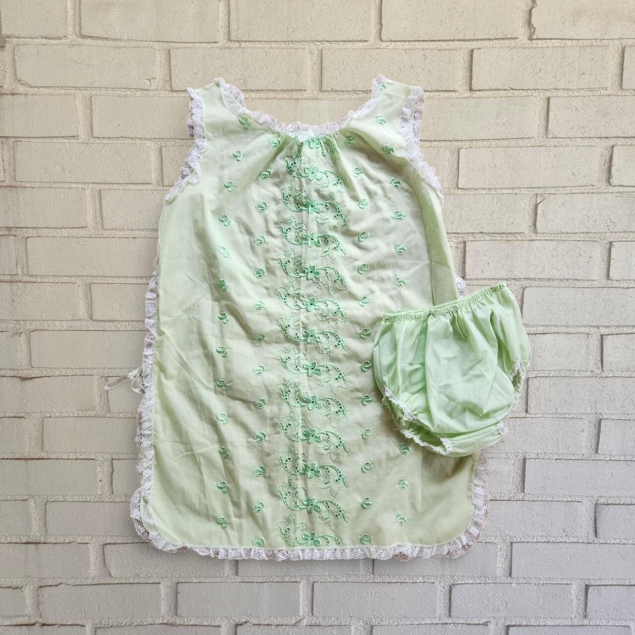 Vtg 60s Lingerie, Nightie Set, Top + Undies, Green, Cotton Blend, Embroidery