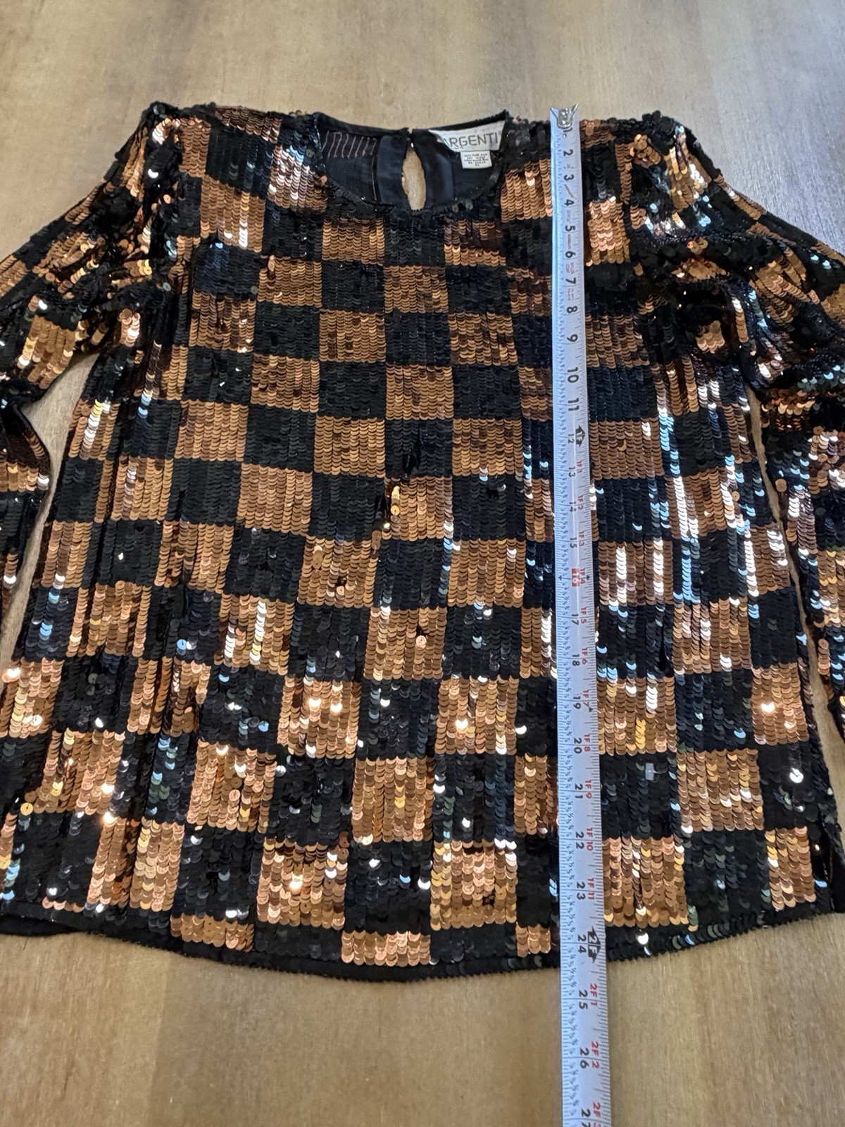 Vintage Silk Black Gold Copper Checkerboard Sequin Blouse Argenti Notte Medium