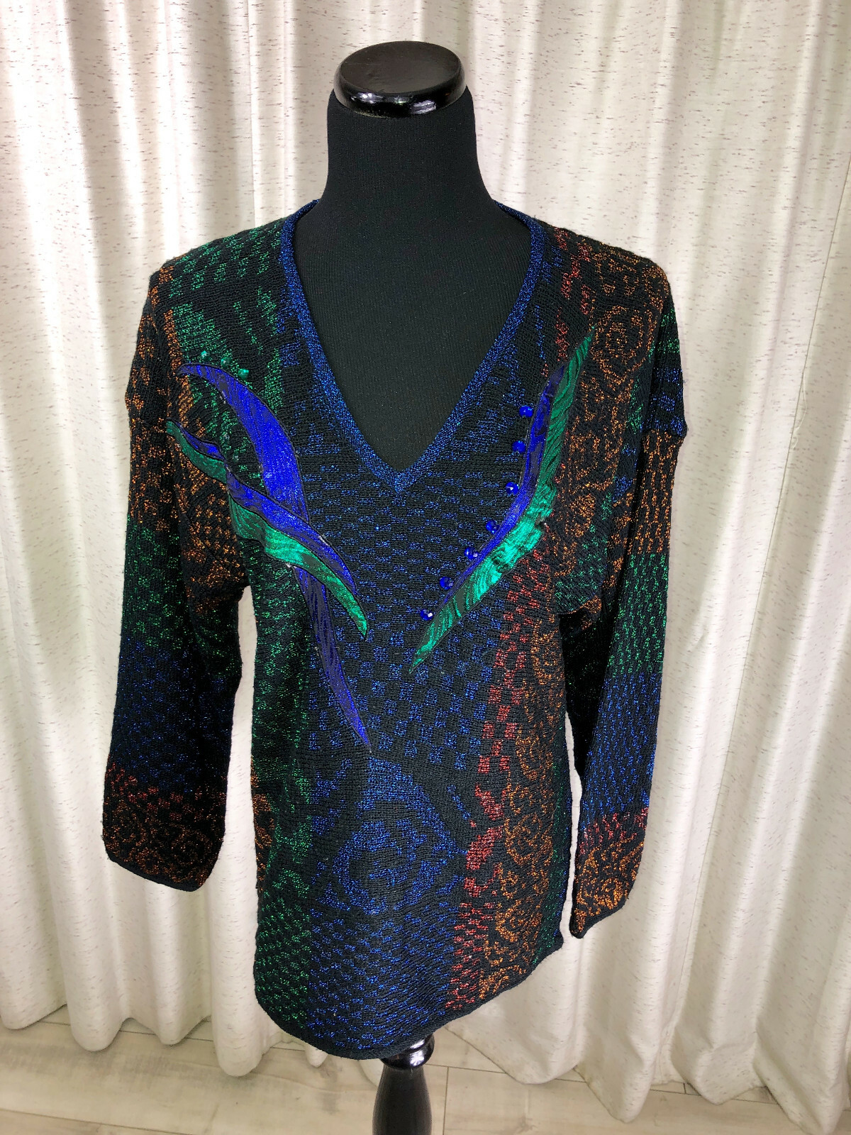 Vintage Beaded Sweater Ann Wi Black Multi-color Metallic Acrylic Beads Size M