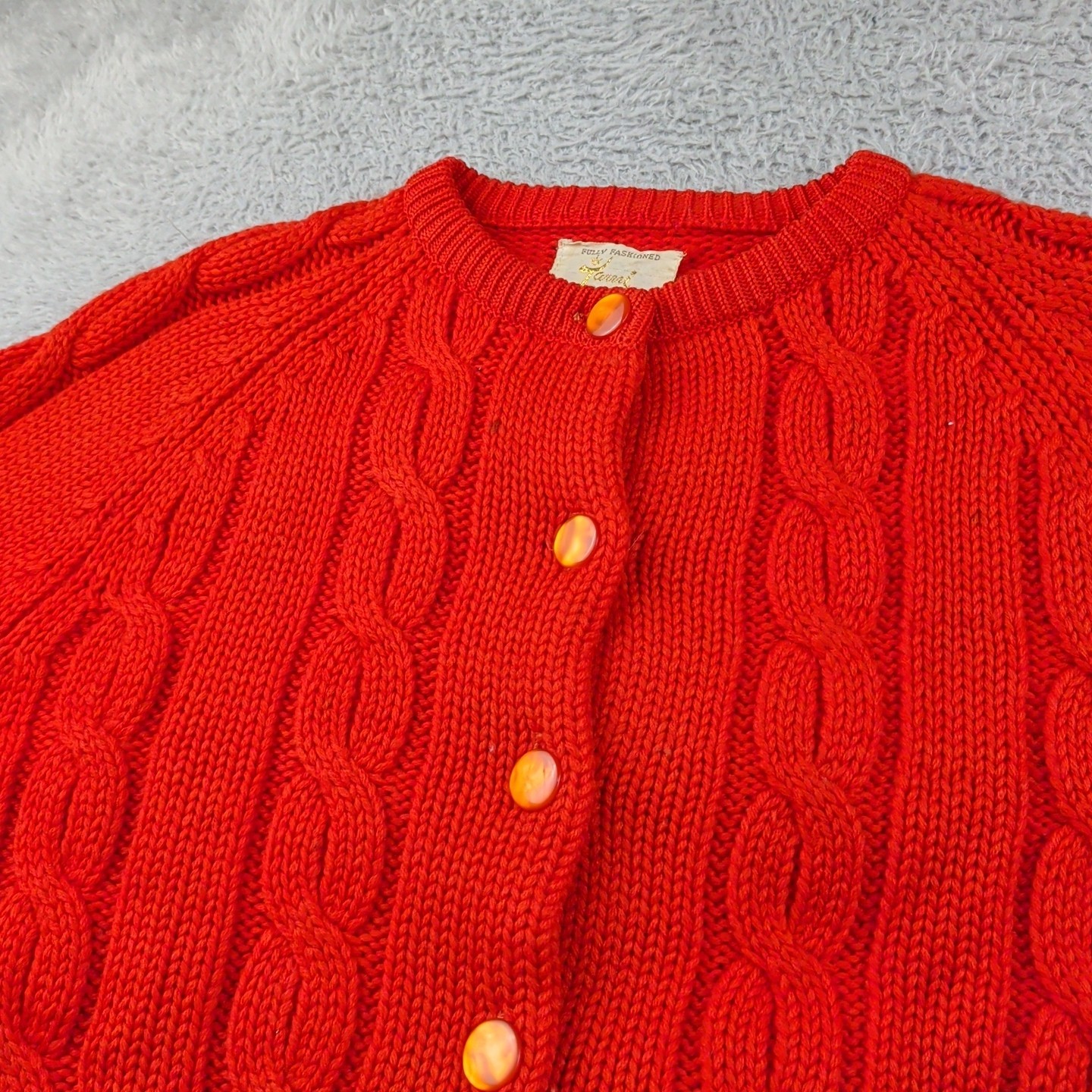VTG 60s 70s Tami Sweater Womens Red Orange Cable Knit British Colony Hong Kong
