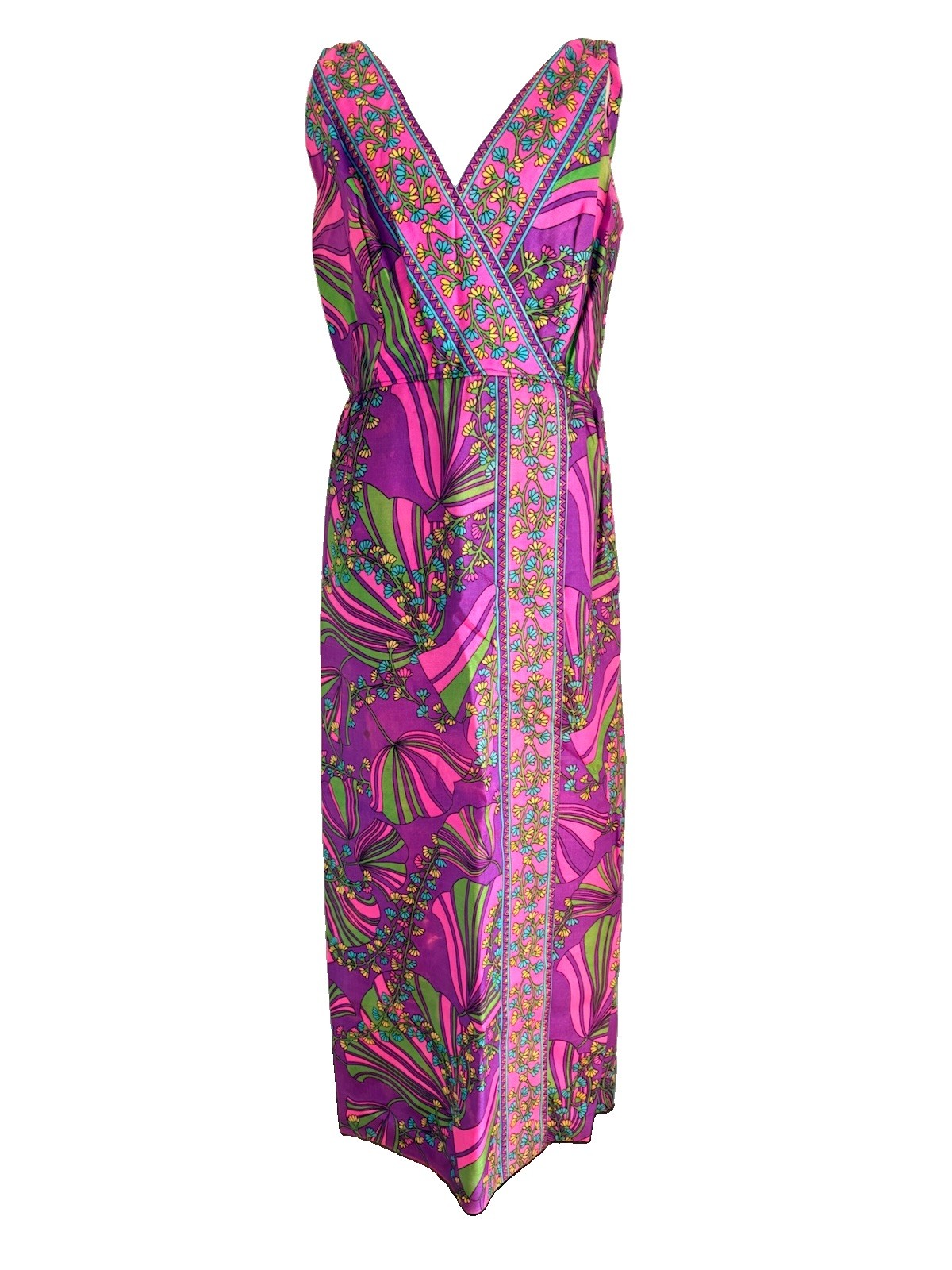 Vtg 60s Tiki Hawaii Maxi Dress Floral Empire Waist Sleeveless Barkcloth Vibrant