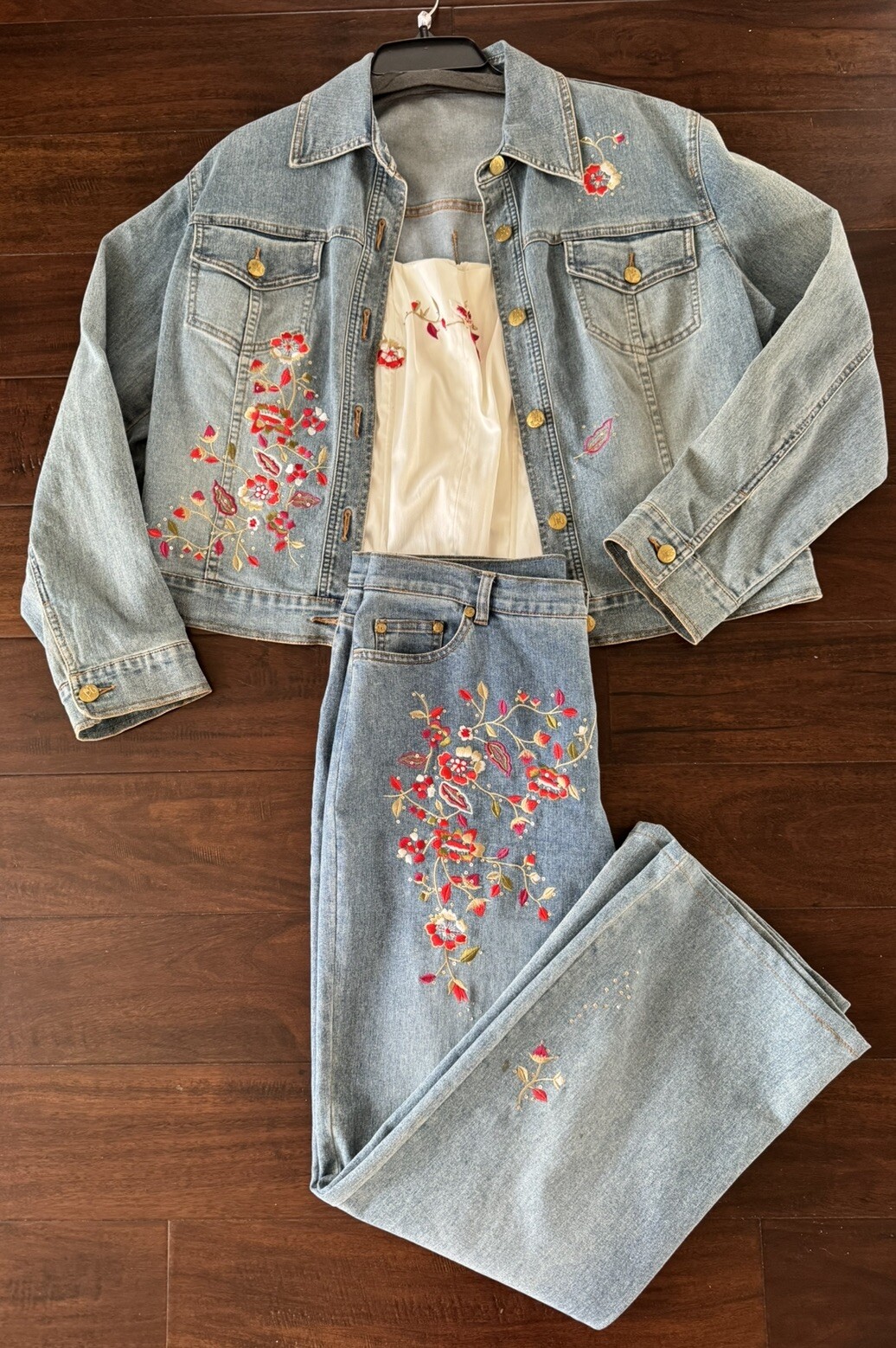 Vintage Lana Erica 3pc set Floral Embroidered jean jacket jeans corset top XL/12