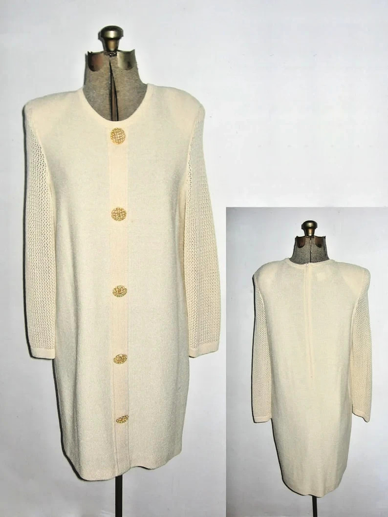 VTG Scaasi Cream Big Gold Buttons Jersey Crochet Mesh Stitch Knit Short Dress