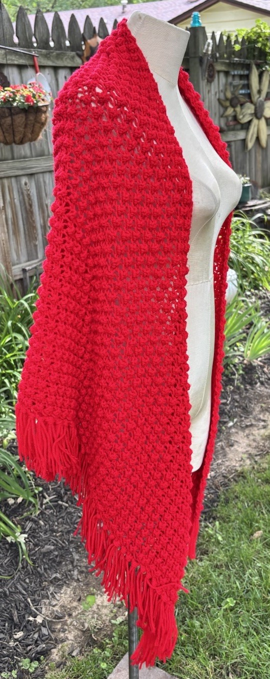 VTG Retro Shawl Boho Mod Handmade Crochet RED Poncho Wrap Fringe 40×80″
