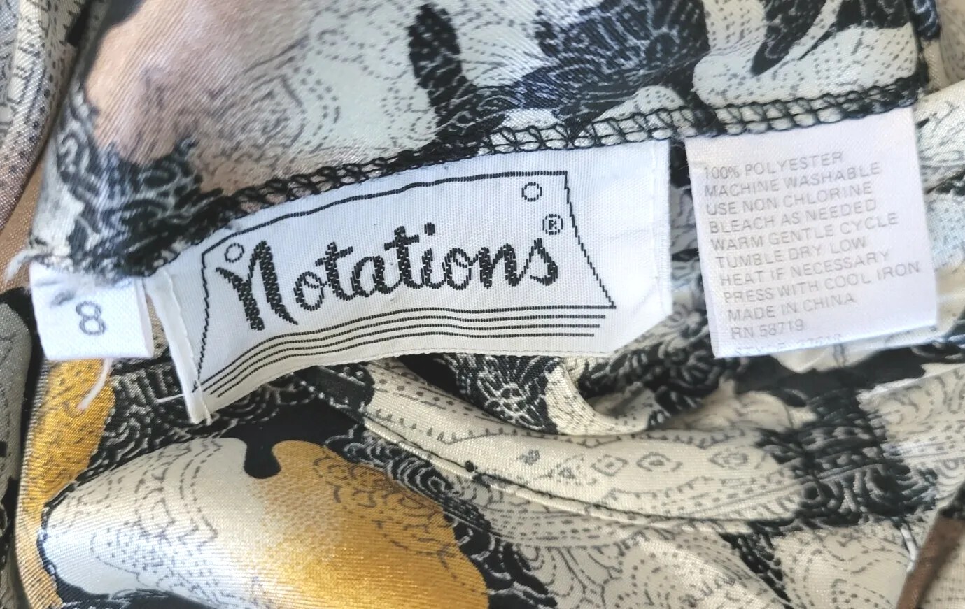 Vtg Notations Black/White/Grey/Brown Paisley Print over Leaf Print Blouse Sz 8