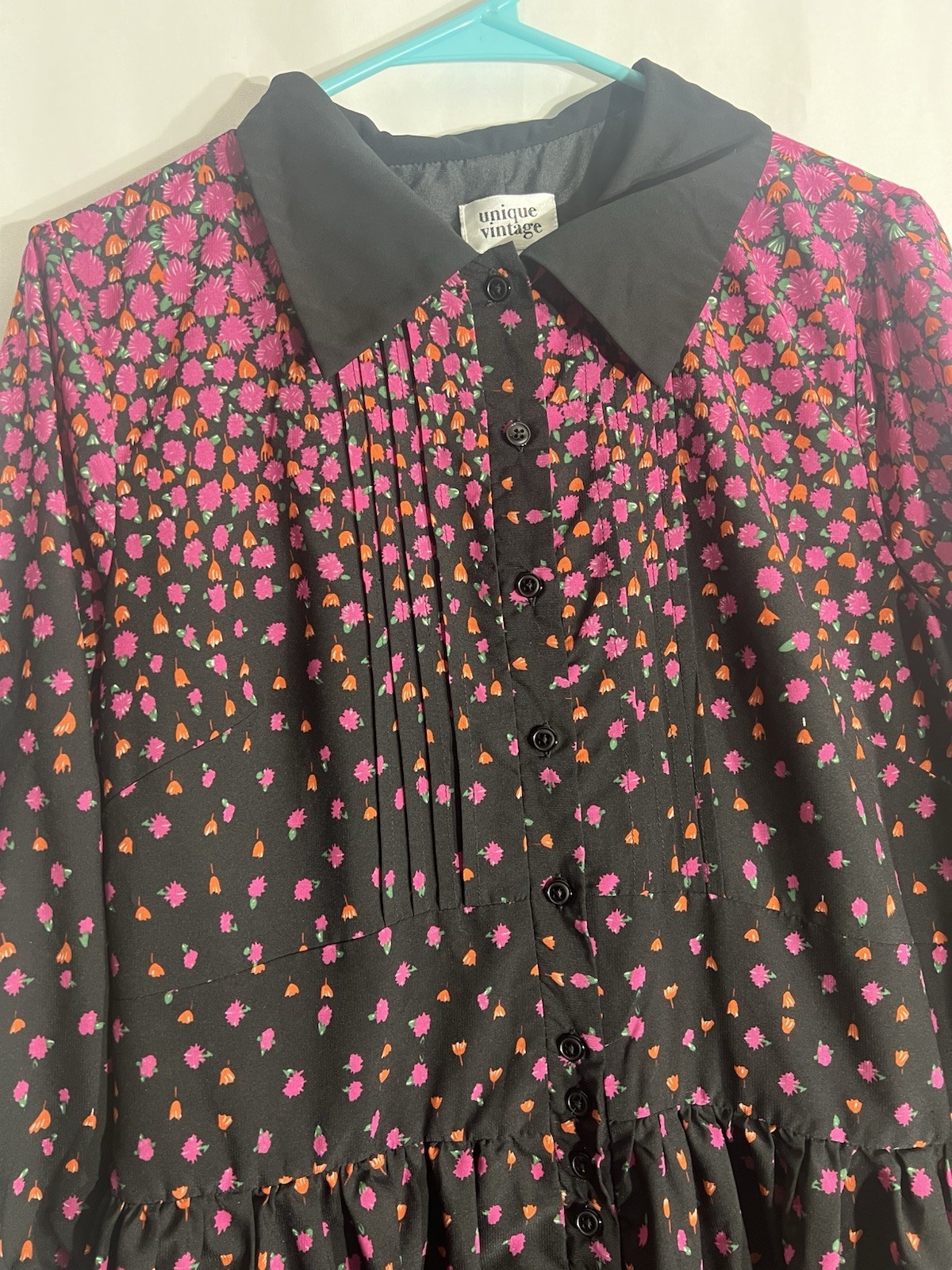 Unique Vintage Poppy And Flower 1970s Black Aline Dress