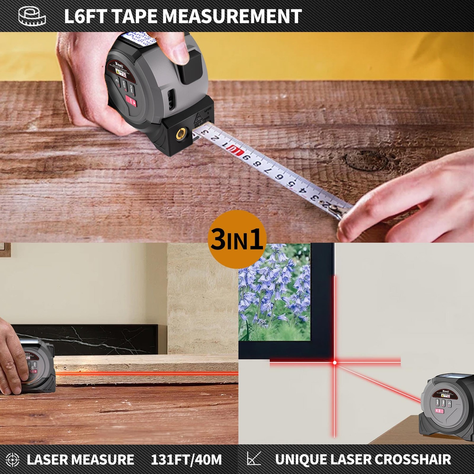 Laser Tape Measure 3-in-1 131ft Laser Measuring Tape & 16ft Woodworker Tape Meas