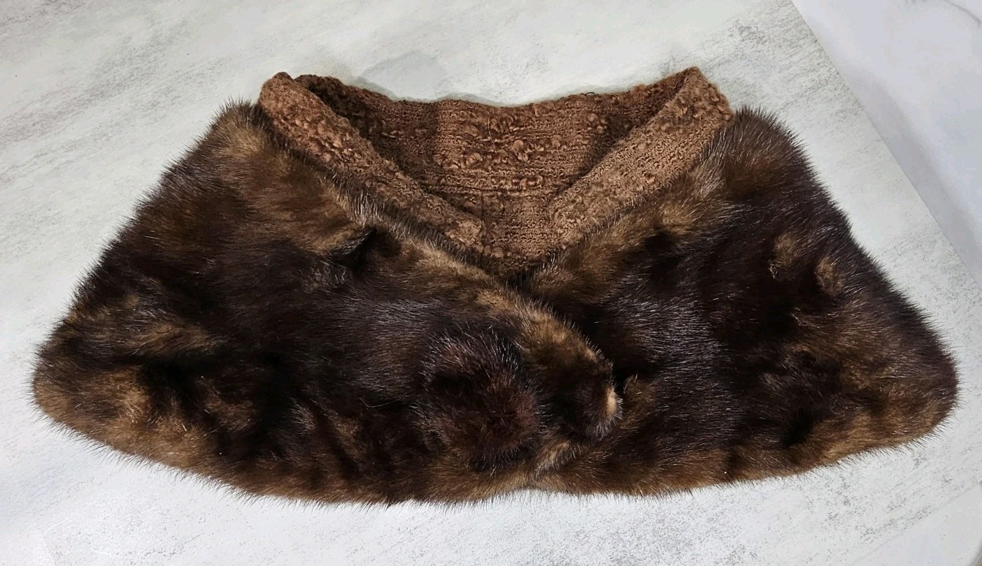 Vintage Mink Fur Stole Capelet Brown Shoulder Neck Wrap Shrug Wool Lining 35×10″