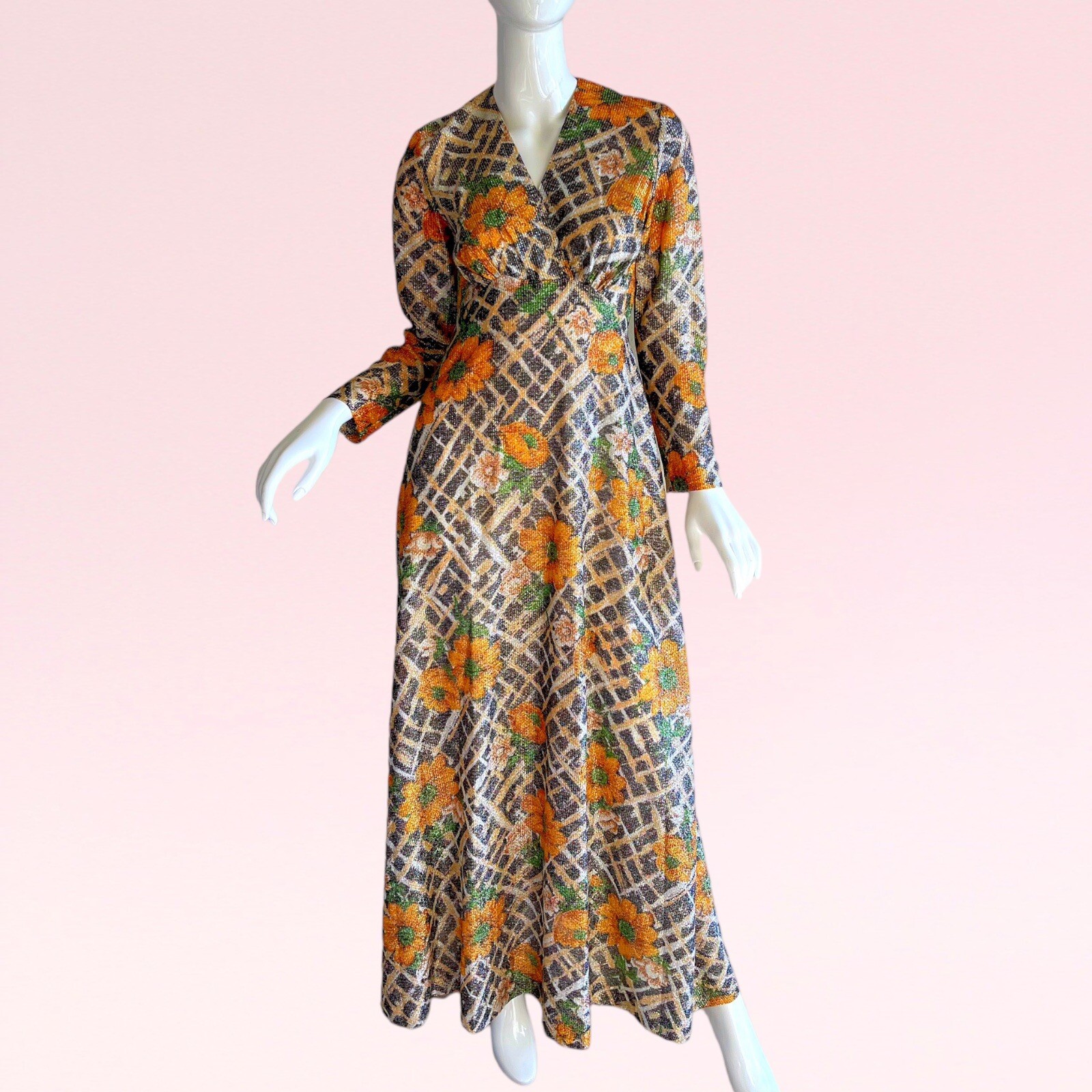 1970s Vintage Avalon Metallic Gold Lame Sunflower Novelty Print Maxi Dress