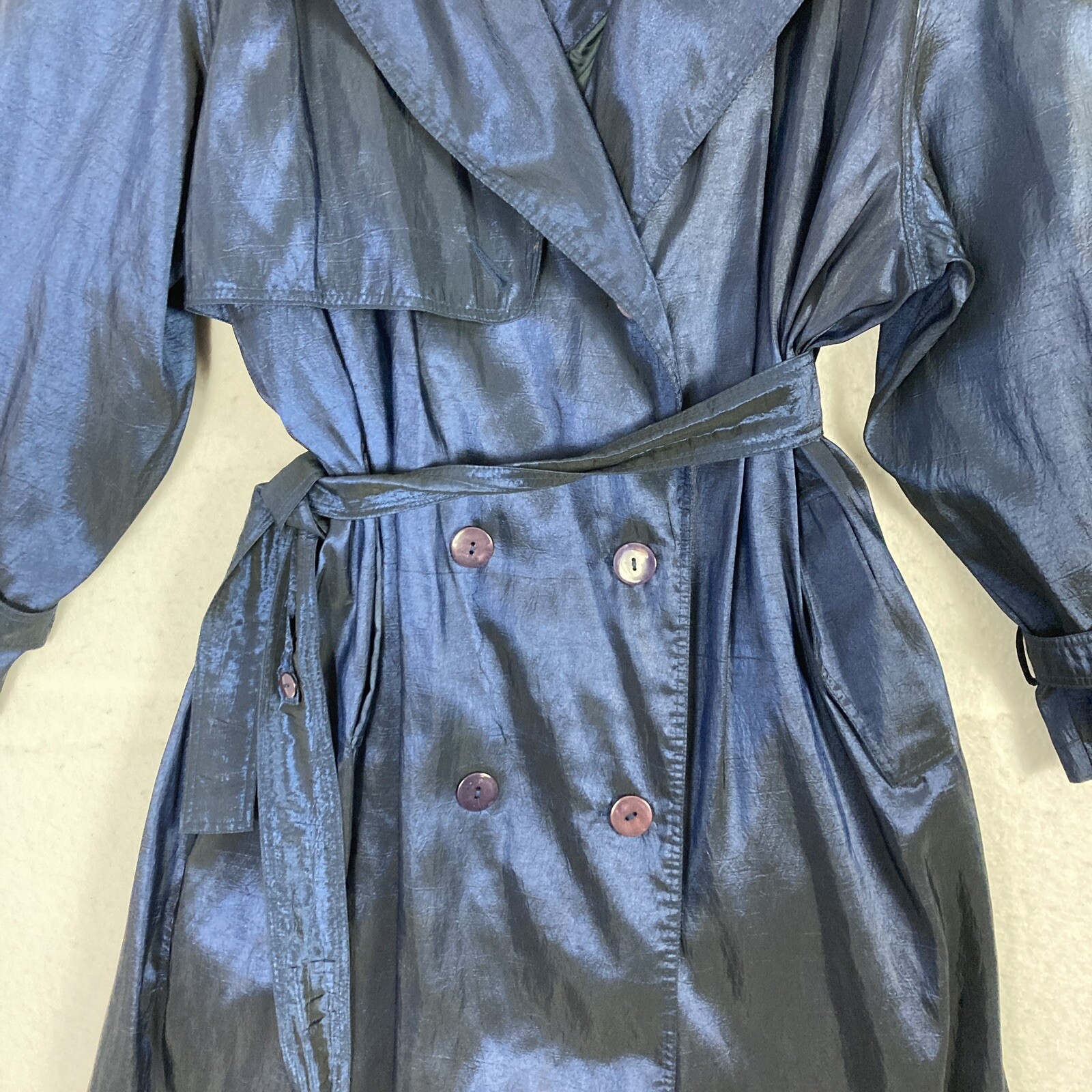 90s VTG Trenchcoat Iridescent Blue Plus 18WP Petite Belted Brem Rainwear Womens