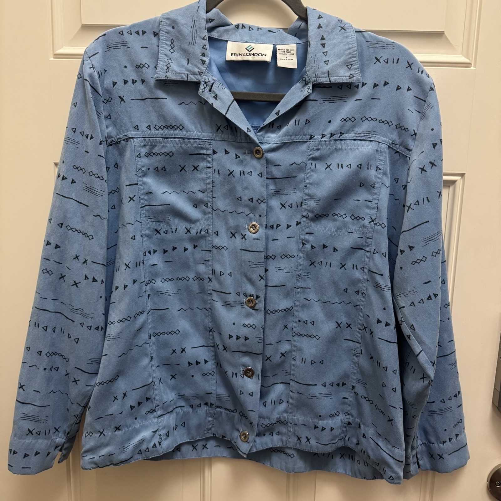 Vintage Erin London Shirt Button Up Blue Butter Soft Geometric Abstract Sz Small