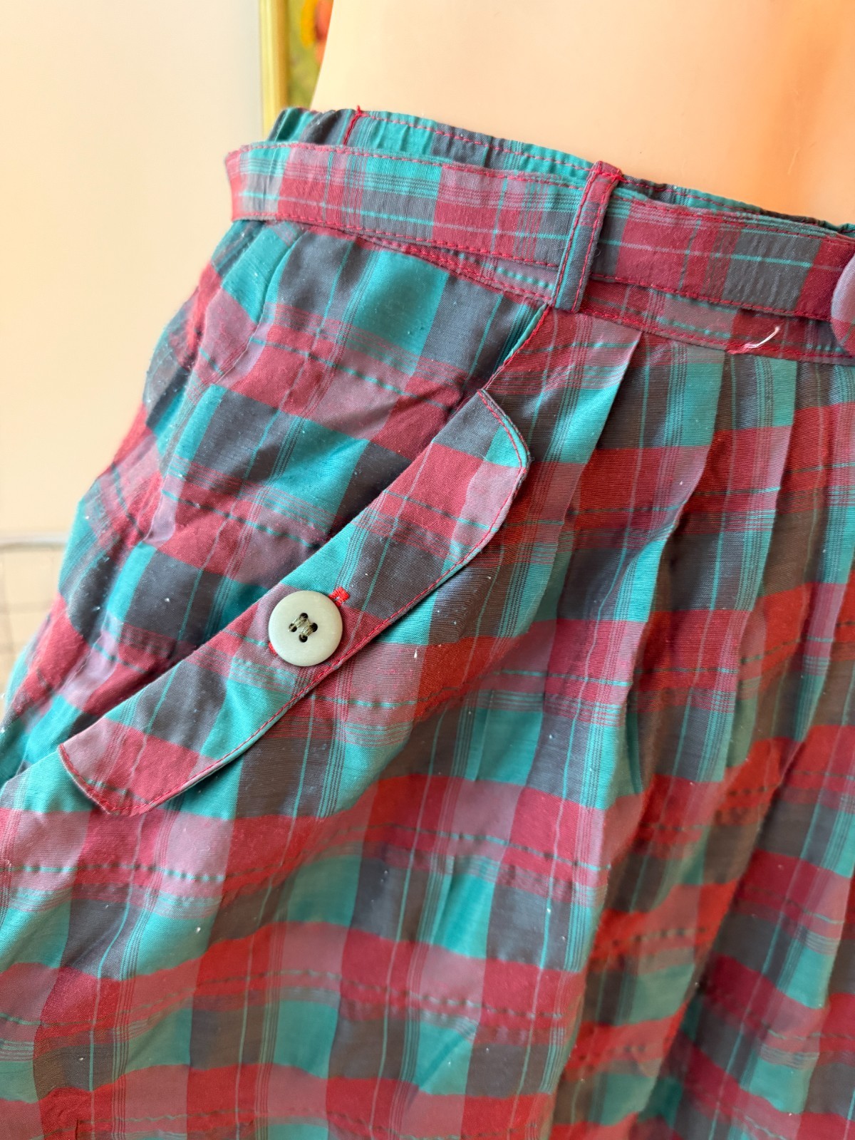🎀 Vtg 70s Asian Export Plaid Cotton Batwing Pussy Bow Top Skirt Buckle Dress M