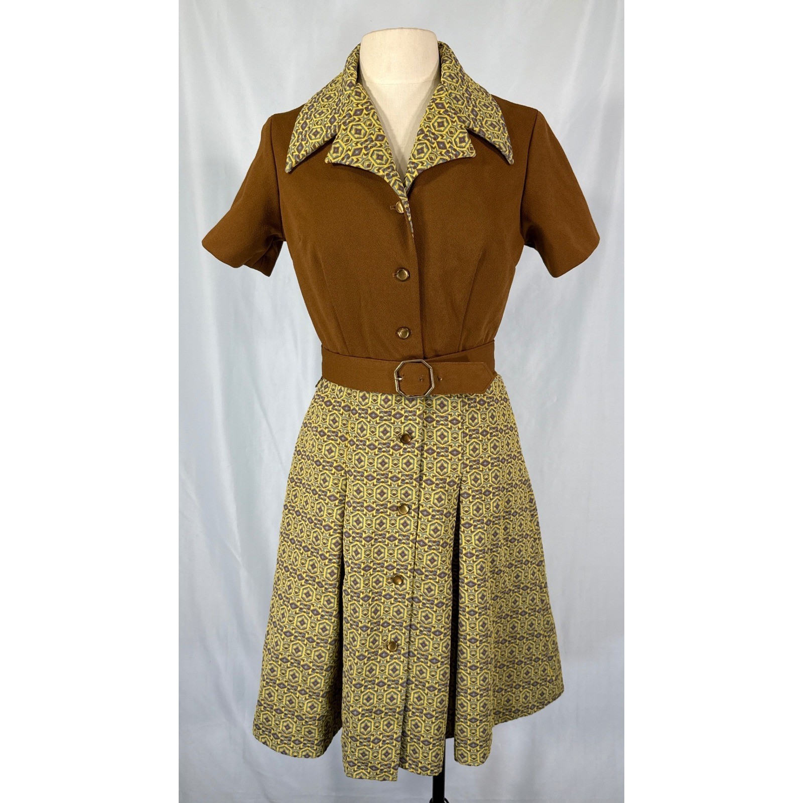 VTG 70s 100 Parkhouse Brown Geometric A-Line Mod Shirt Dress Belt Encron Knit M
