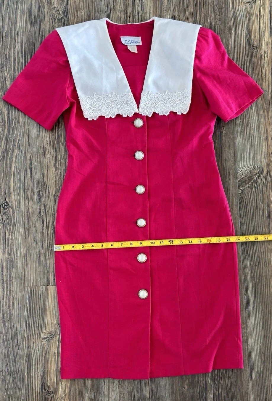 Vtg S.L. Petites V-Neck Blazer Dress Sz 8 Pink White Lace Pearl/Gold Buttons USA