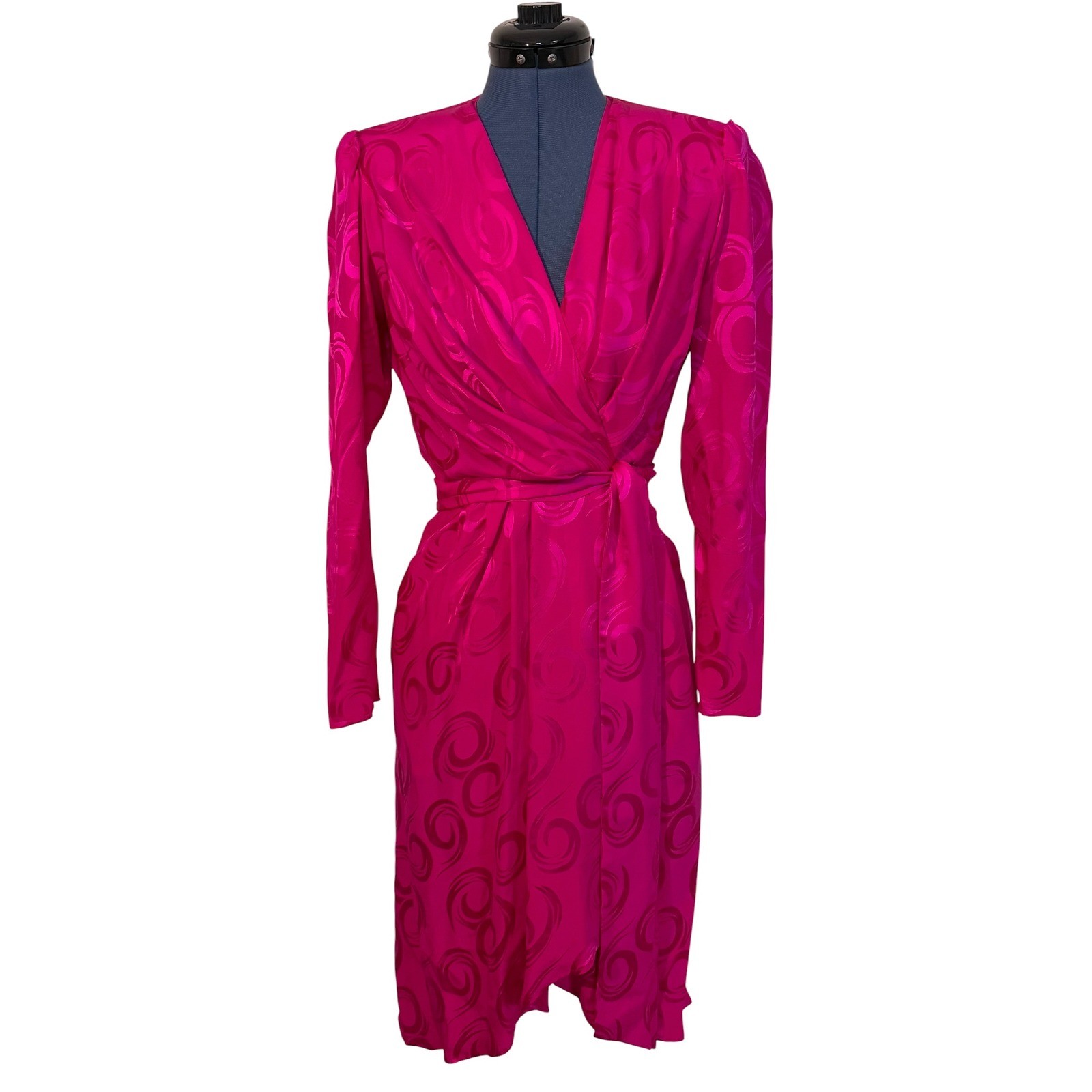 Vtg Argenti Pink Silk Jacquard Wrap Dress Midi 80s Luxury Glam Mob Wife 4 NEW