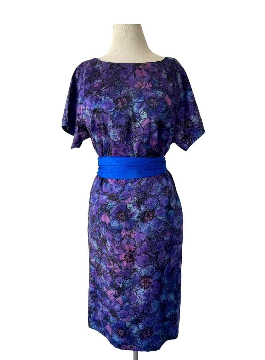 Vtg 60s Purple Blue Floral Dress XL Midi Handmade 50s Retro Rockabilly