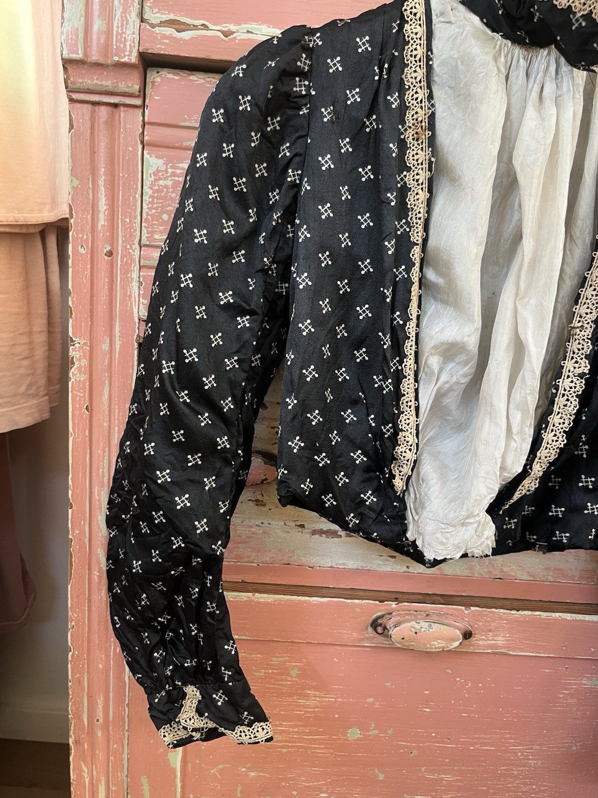 1800s Antique Victorian Edwardian Black Silk Bodice Corset Blouse Top XXS