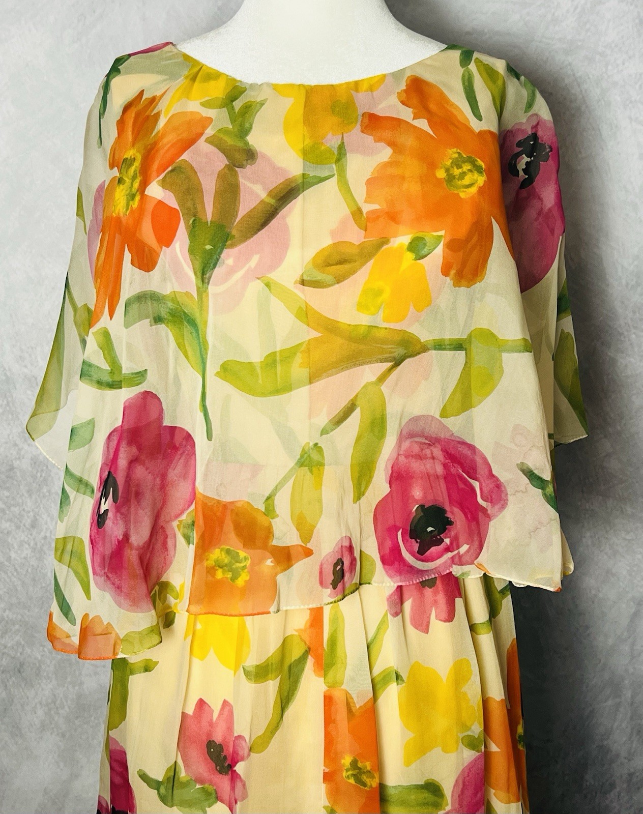 Vintage 1970s Kiki Hart Floral Watercolor Silk Chiffon Romantic Dress NWT Size S