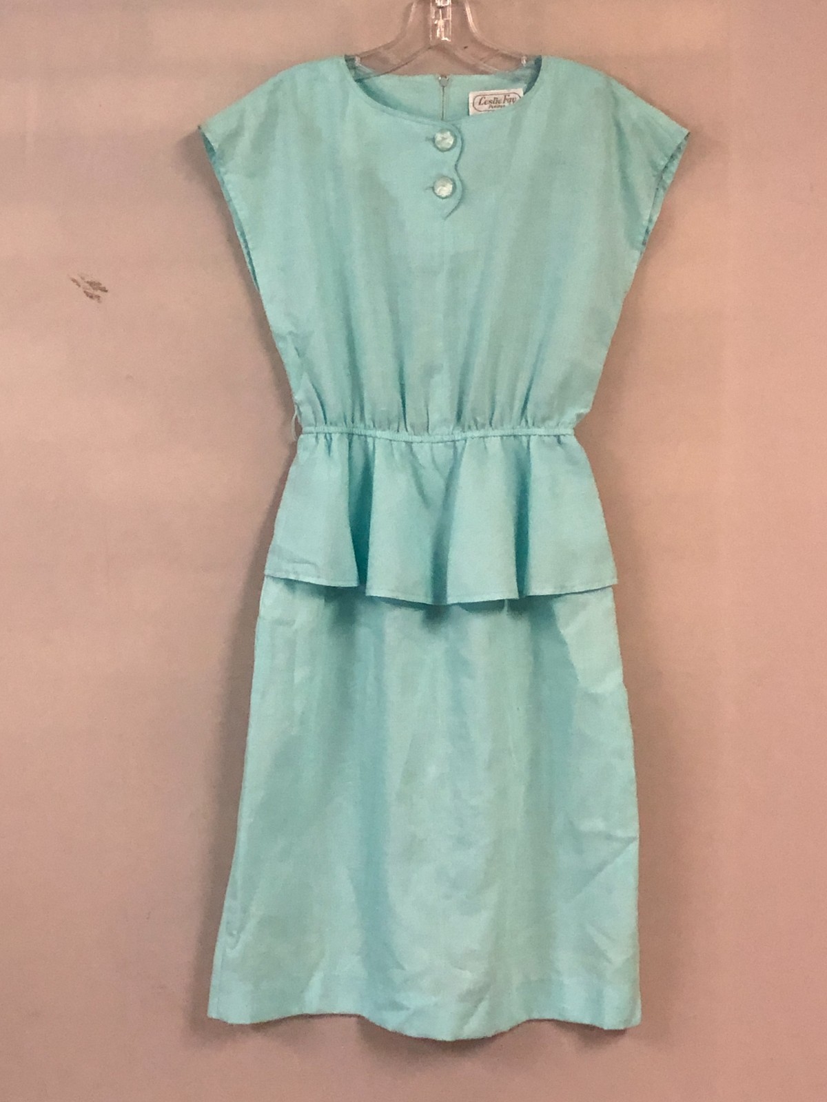 Vintage Leslie Fay Petites Peplum Style Dress Light Aqua Size 10 Cap Sleeves