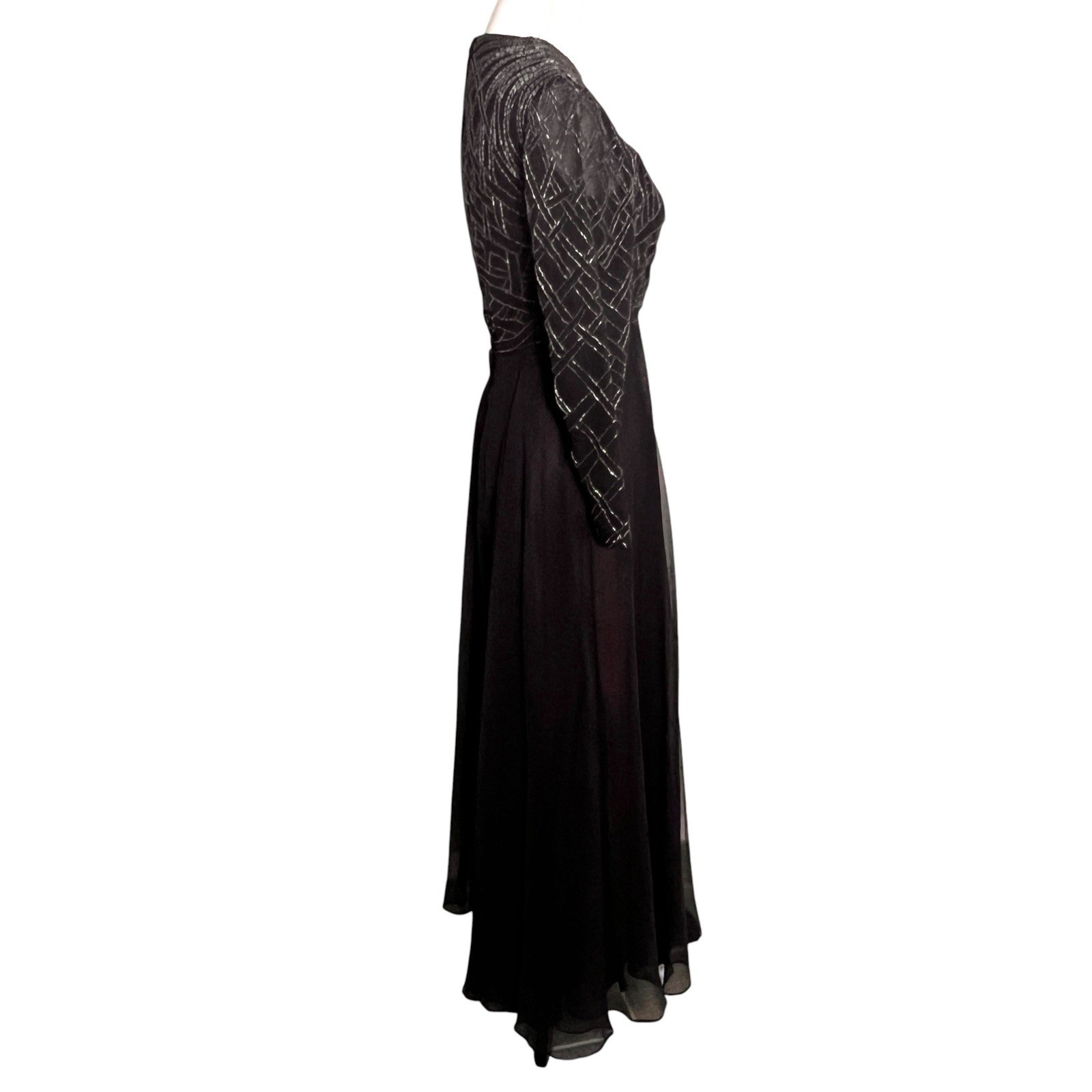 VTG 80s Jack Bryan Black Beaded Chiffon Evening Gown Art Deco Maxi Dress Small
