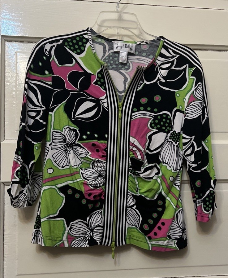 Vtg Y2K Joseph Ribkoff Artsy Quirky Statement BLK Stripe Floral slim Zip-up S 12