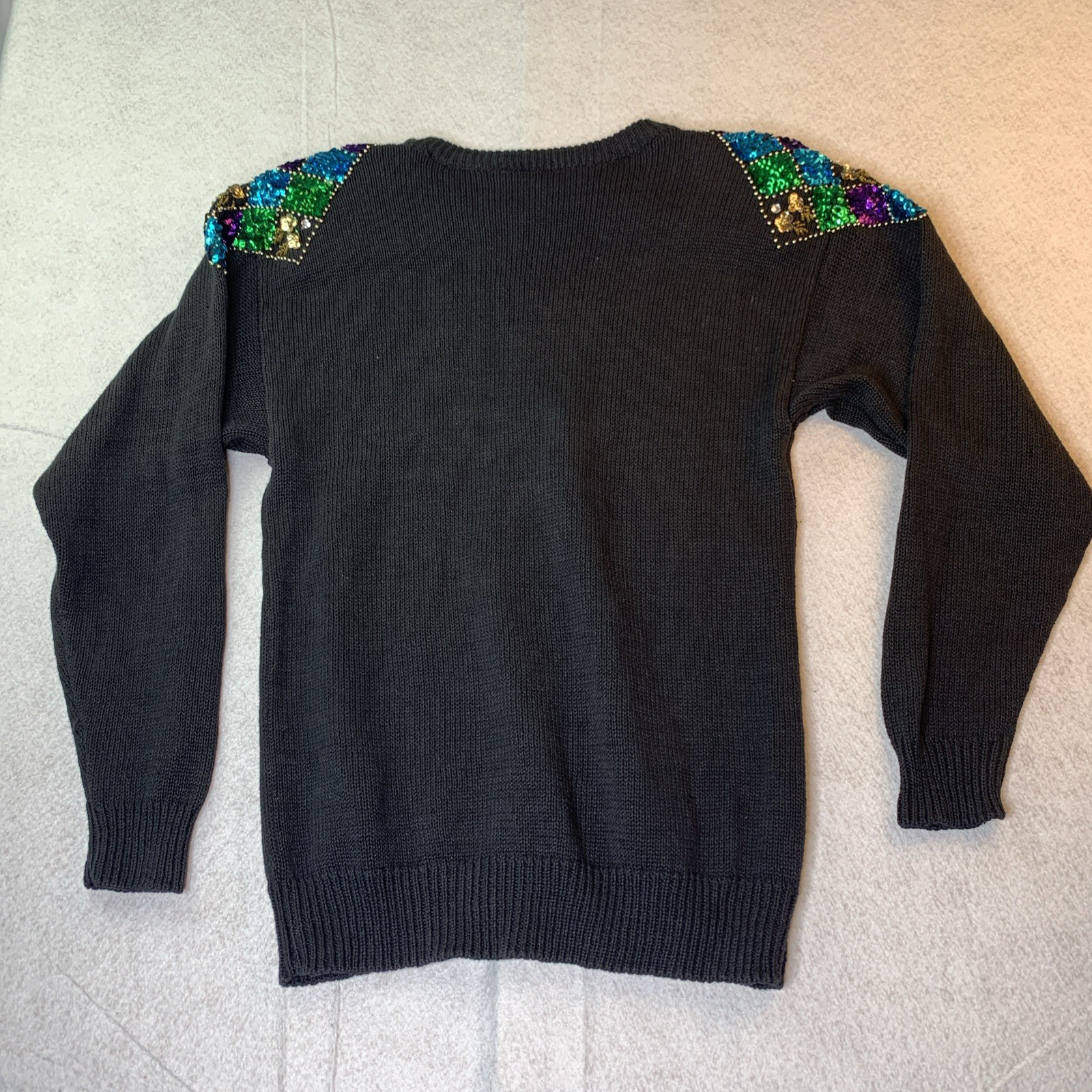 Vintage 80s Black Sweater M Sequin Beaded Neckline Cotton Ramie Knit