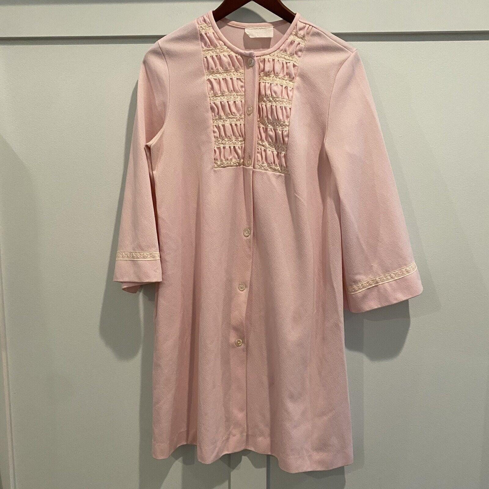 Vintage Gossard Artemis House Coat Robe Medium M Pink Lace Trim Midi Length 70s