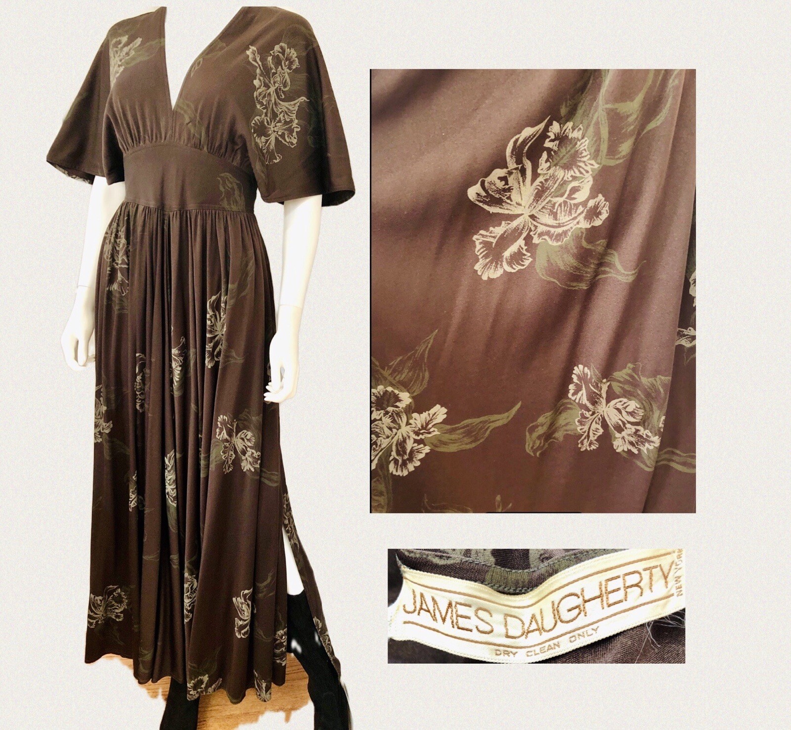 Vtg 1970s Bohemian Flutter Sleeve James Daugherty WRAP MAXI-DRESS w/IRIS Flowers