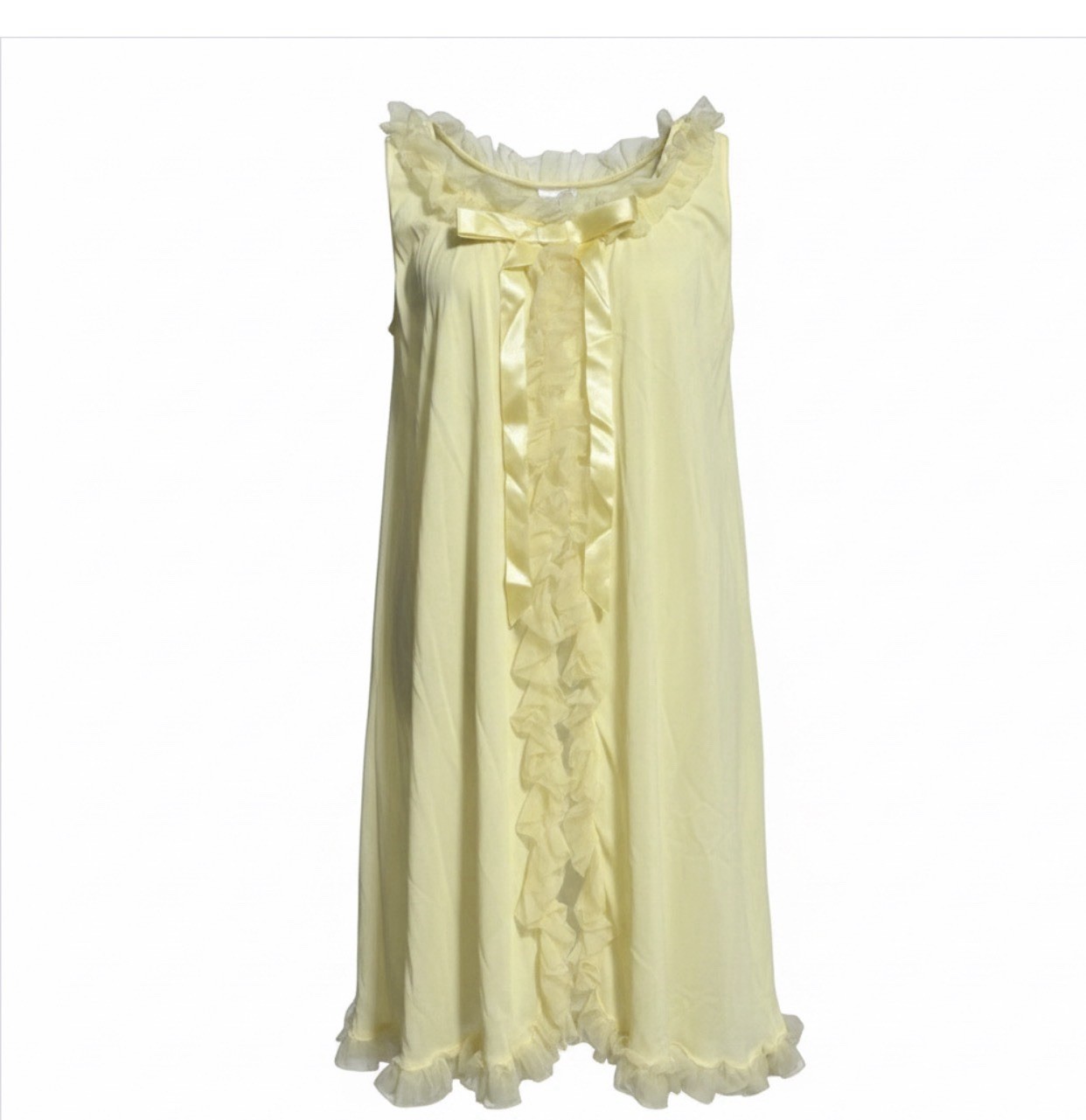 Vgt 60’s Sculptress Pale Yellow Sheer Nylon Lingerie Satin Ribbon Ruffles Sz S
