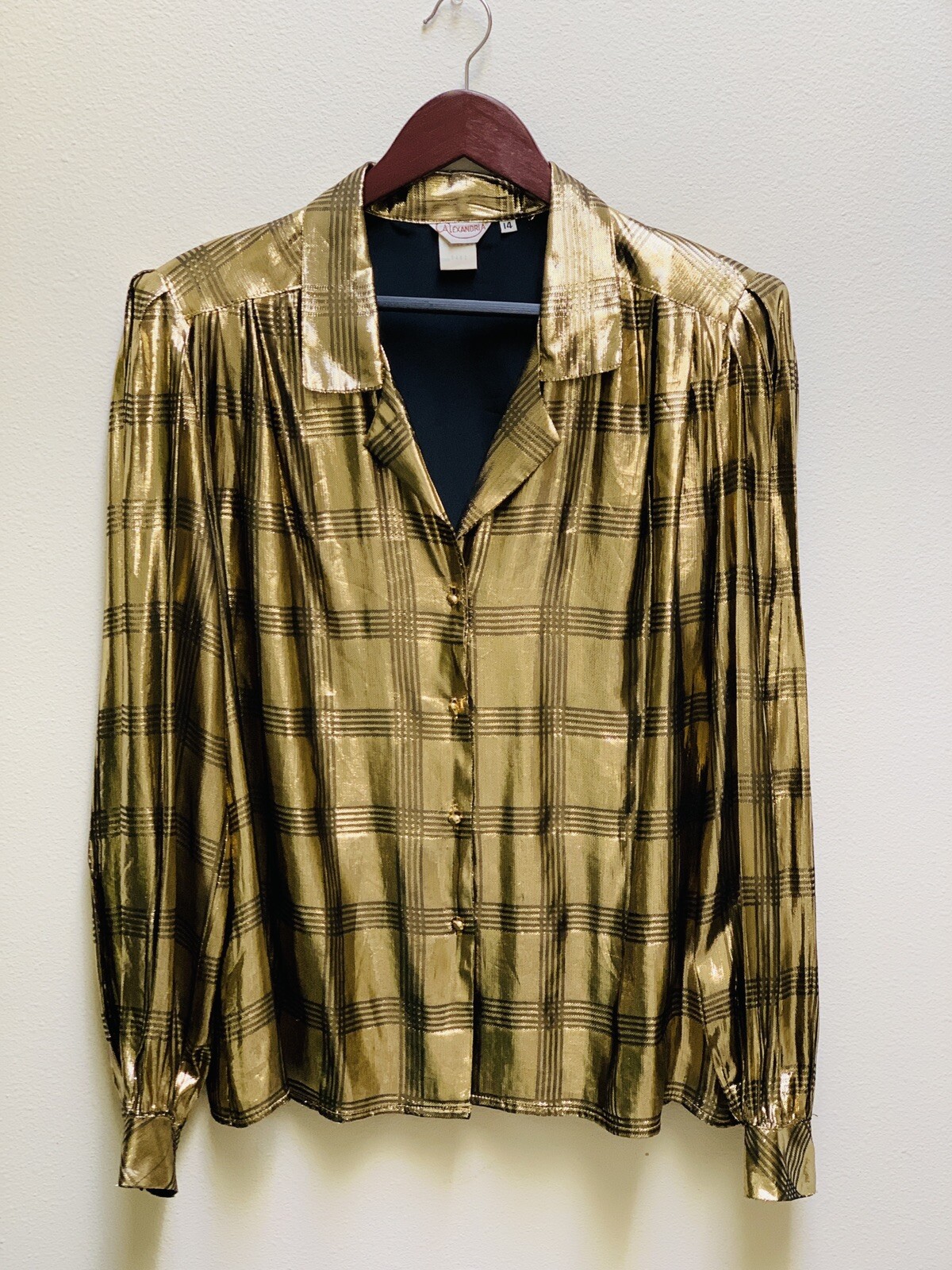 Vtg Alexandria 80s Womens Sz 14 Shiny Metallic Gold Blouse Rayon Blend