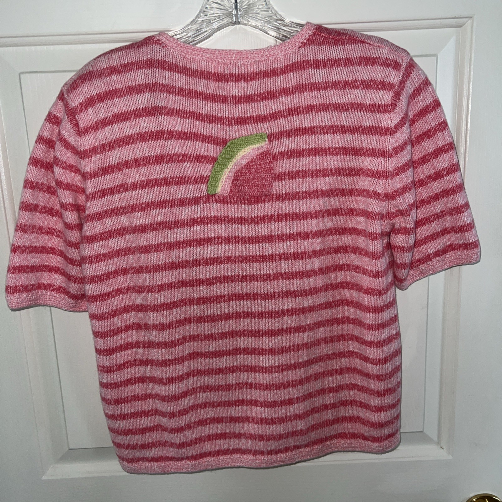 Vtg Christopher & Banks Pink Stripe Hand Stitched Sweater Watermelon Pocket Sz S