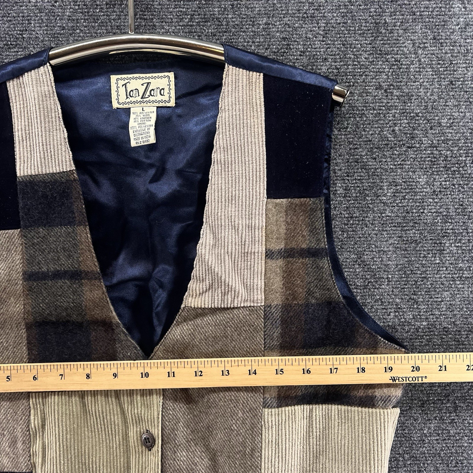 Vintage Tan Zara Patchwork Vest Womens Large Plaid Wool Leather Blend Beige Tan