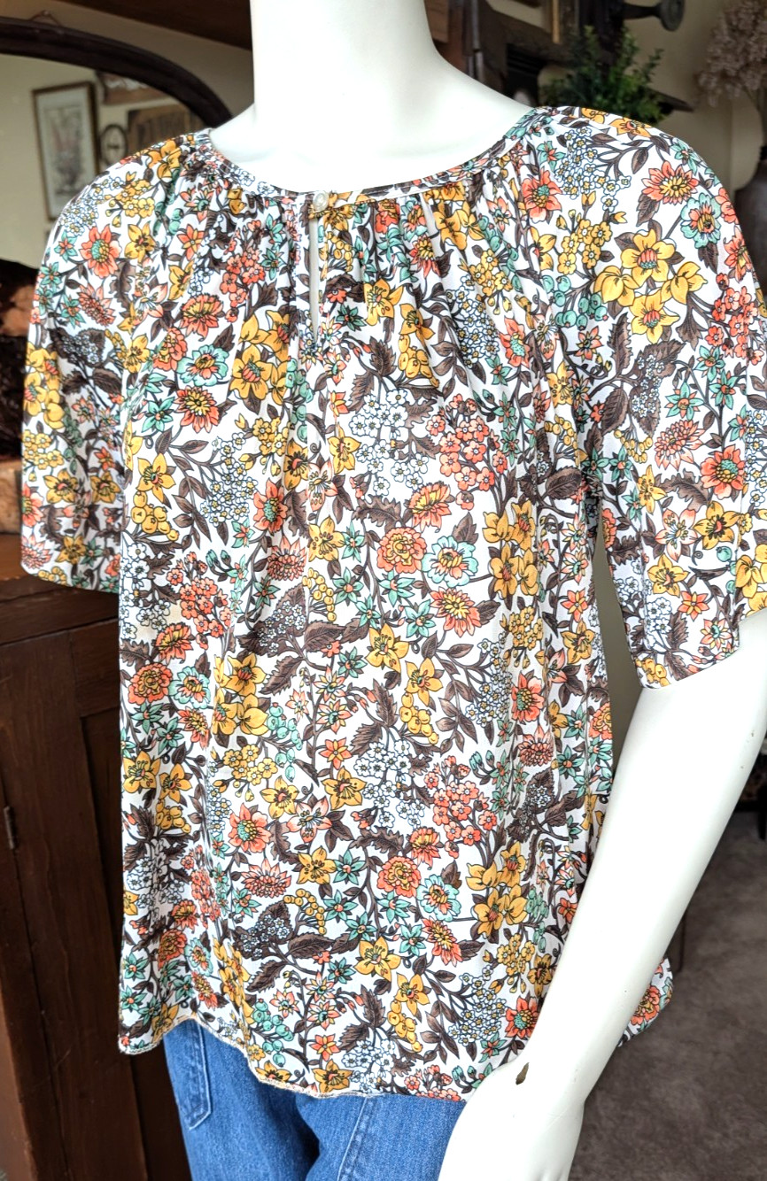 Vtg 70sBohemian Boho botanical floral Festival top shirt short sleeve Orbit L