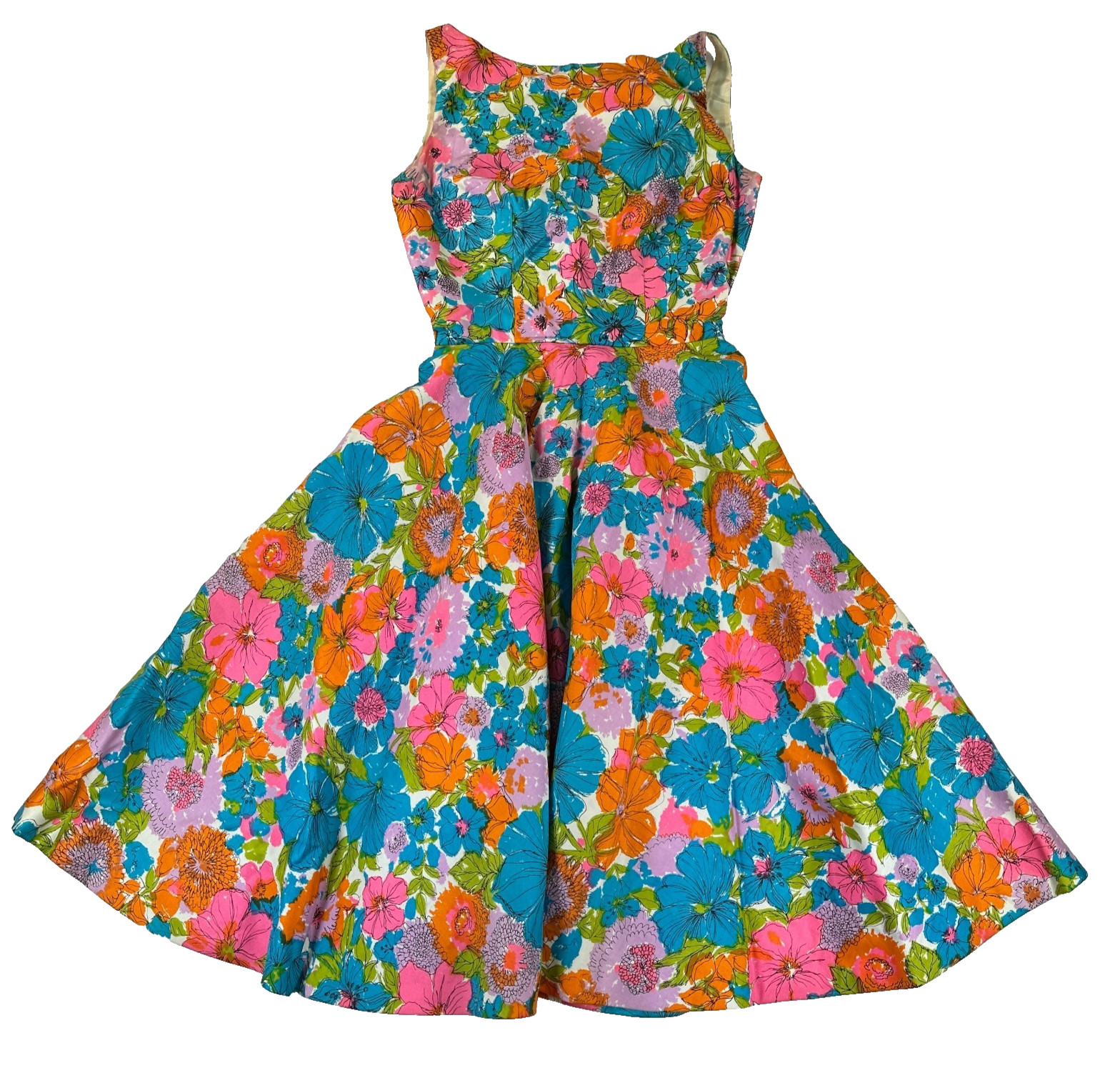 1950s 1960s Vintage Dress Full Skirt Bright Colorful Floral Low Back Statement