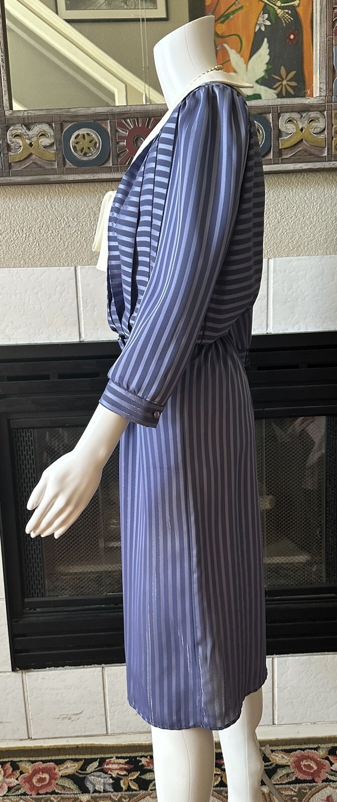 Vtg 80s JSJ Belted Dress Womens Polyester Blue Dynasty Style 34” Bust 28” Waist