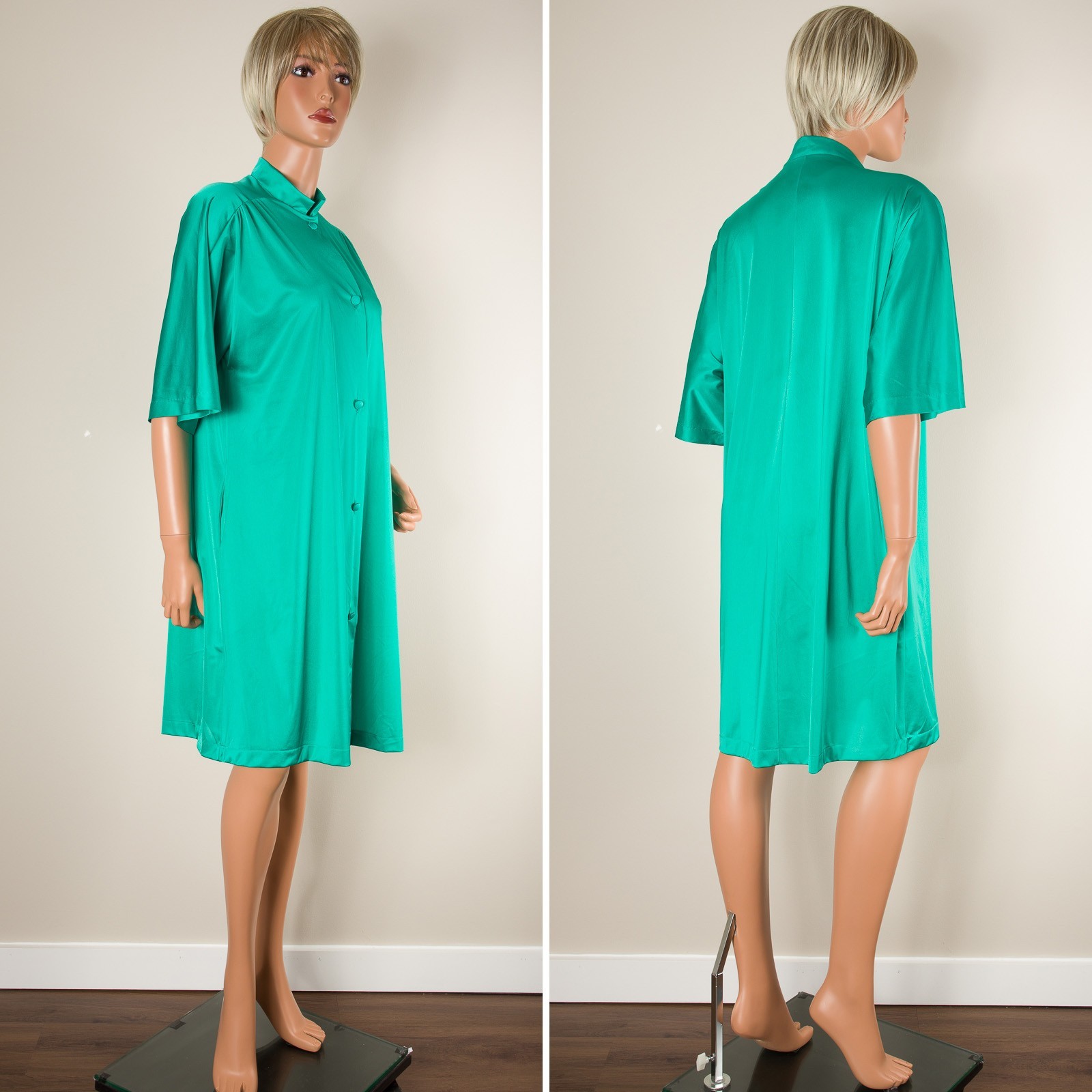 VTG VANITY FAIR Green Robe MEDIUM Nylon Band Collar 3/4 Sleeve Button Pocket USA