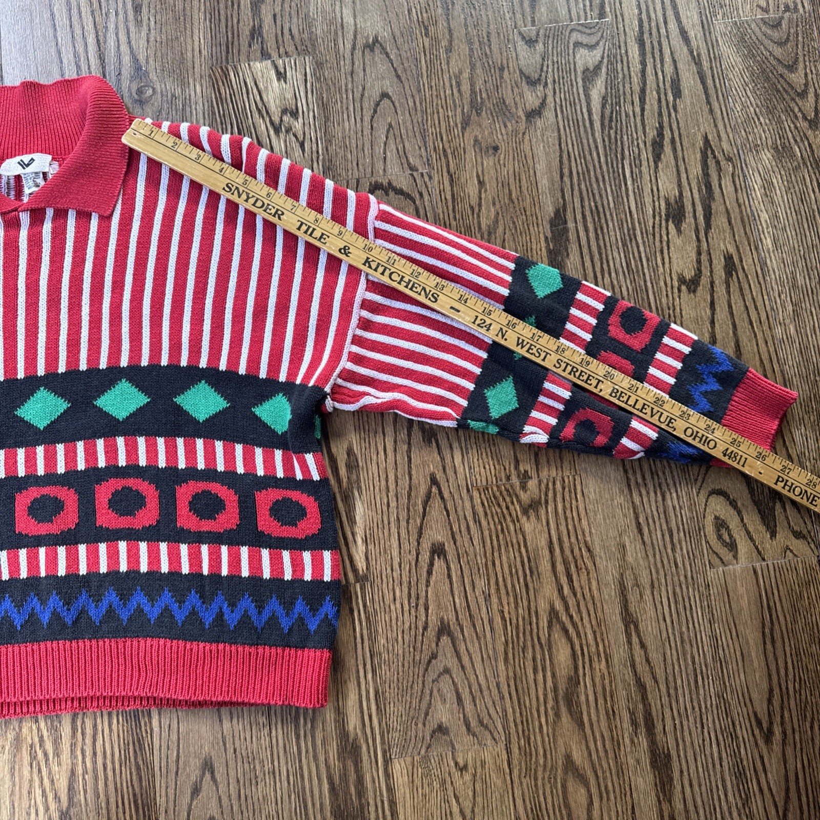 Vintage USA Knit Sweater Medium Red Striped Geometric 80’s 90’s Cotton