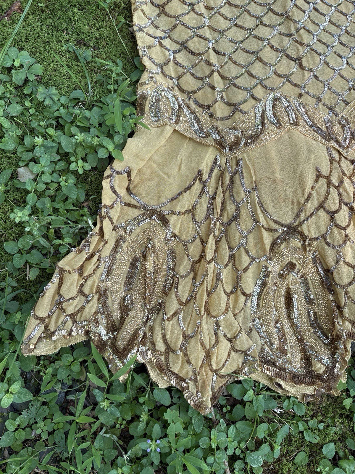 Vintage 1920s Flapper Dress Gold Sequin Silk Chiffon Fish Scale Beaded Gatsby S