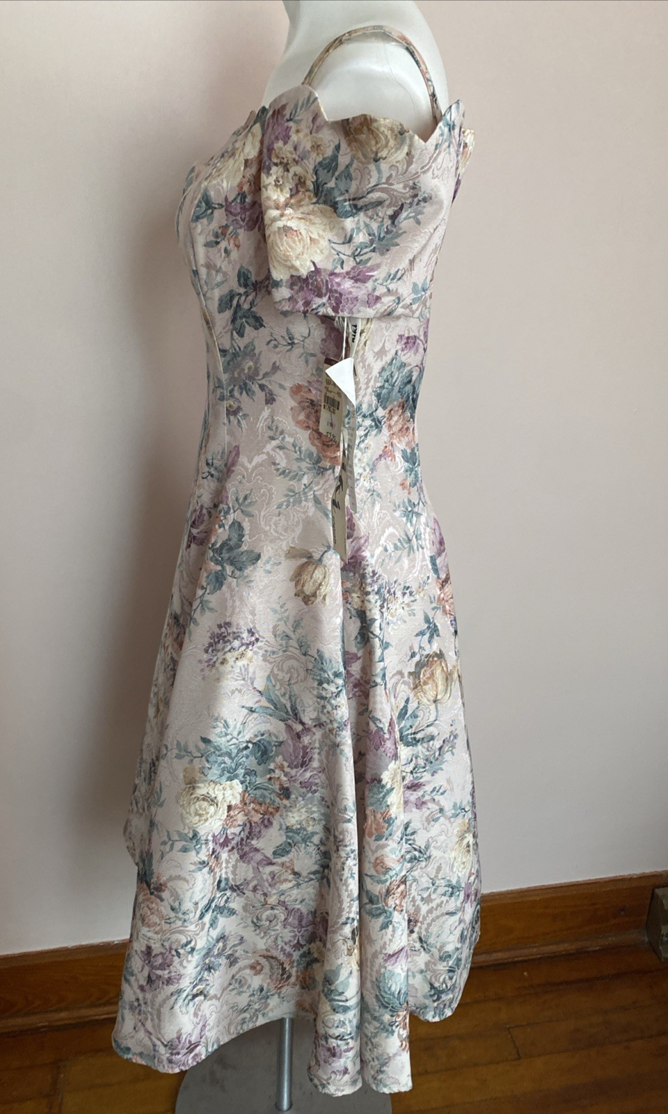 NWT Karen Lucas NIKI VTG 90s Floral Brocade Fit Flare Off Shoulder Dress 14 Lrg
