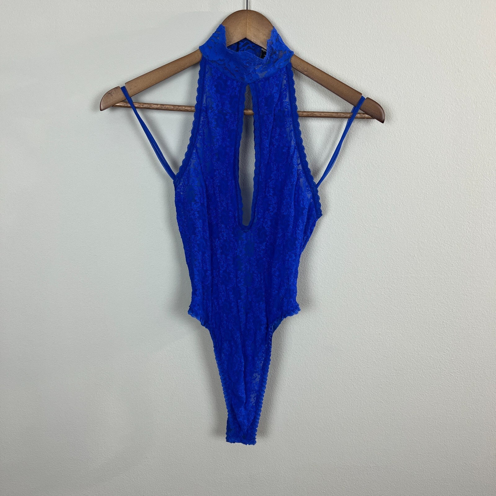 Andrea Kristoff Escante Lace Teddy M Blue Halter Cutout Sexy One Piece Vintage