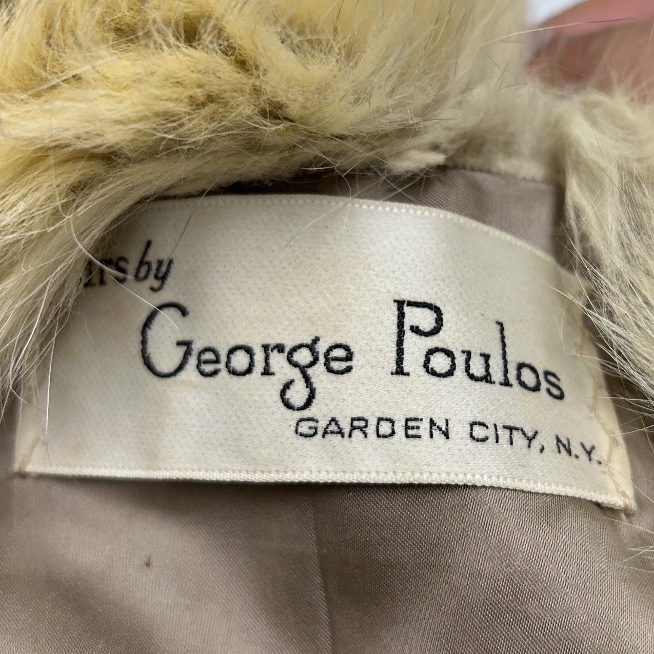 George Poulos Real Fur Coat Womens M Tan Vintage Shawl Collar Mid Length
