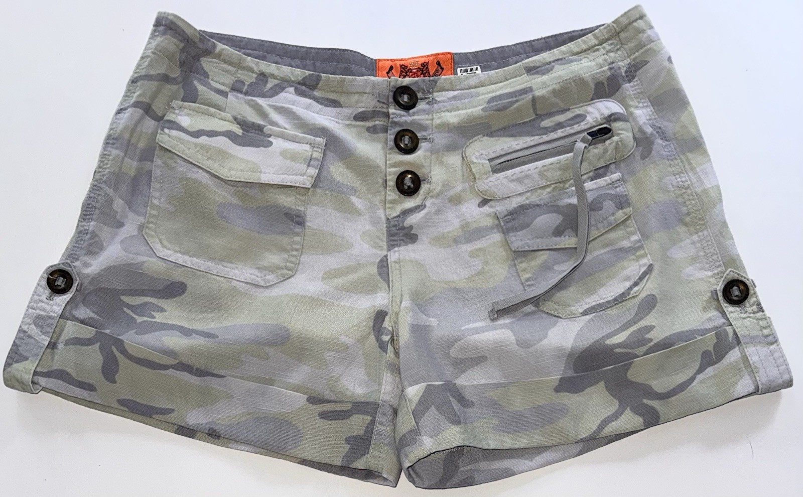 RARE Y2K Juicy Couture Low Rise Camo Cargo Chino Shorts Size 2 EUC Linen Blend