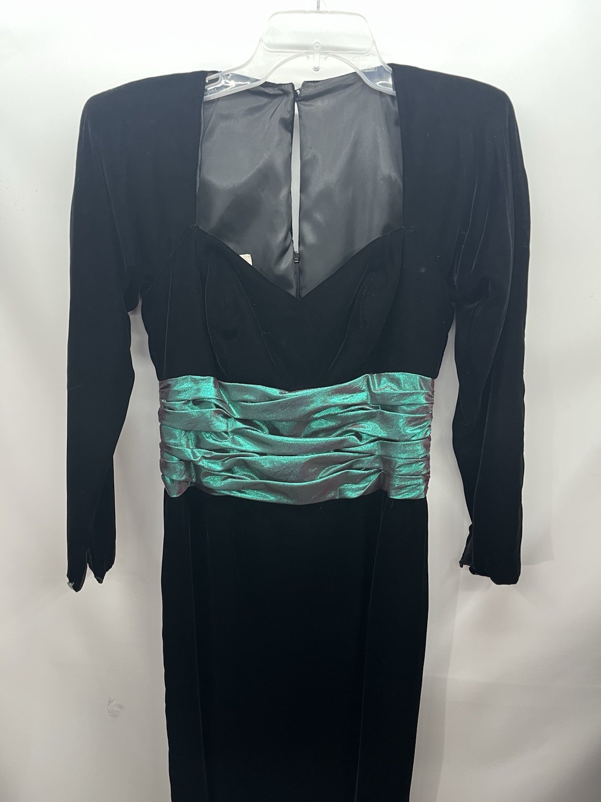 Vtg 80s Black Velvet Green Ruched Waist Long Gown Prom Dress Sz 8 S