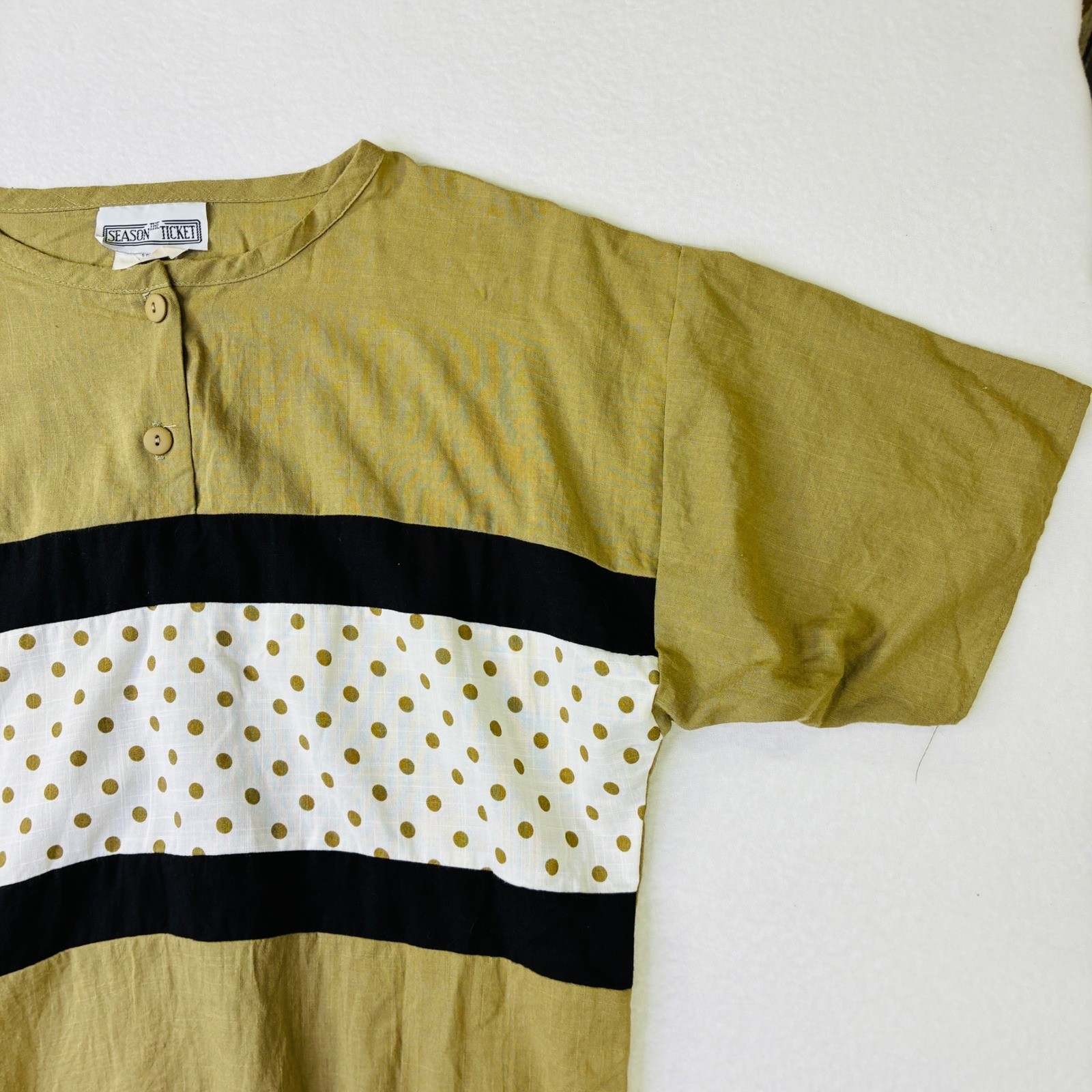 Vintage The Season Ticket Polka Dot Colorblock Henley Top Mustard Yellow Size M