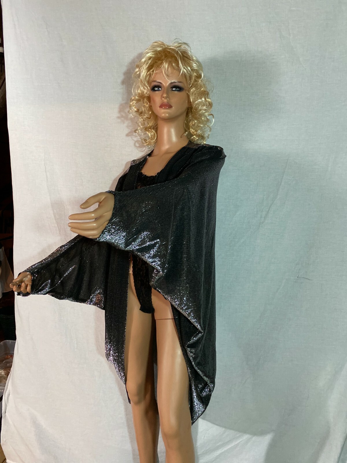 VTG 80s SOHO Black Silver Metallic Cardigan Draped Jacket Batwing Cocoon 1 Sz R