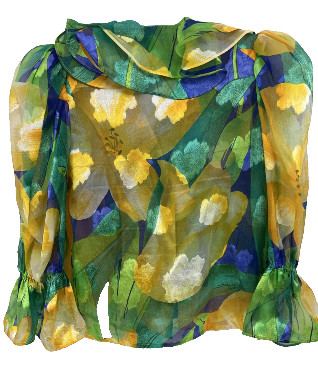 Patricia Rhodes PR Top Size 4 Silk Sheer Ruffle Neck Couture Blue Yellow VTG 80s