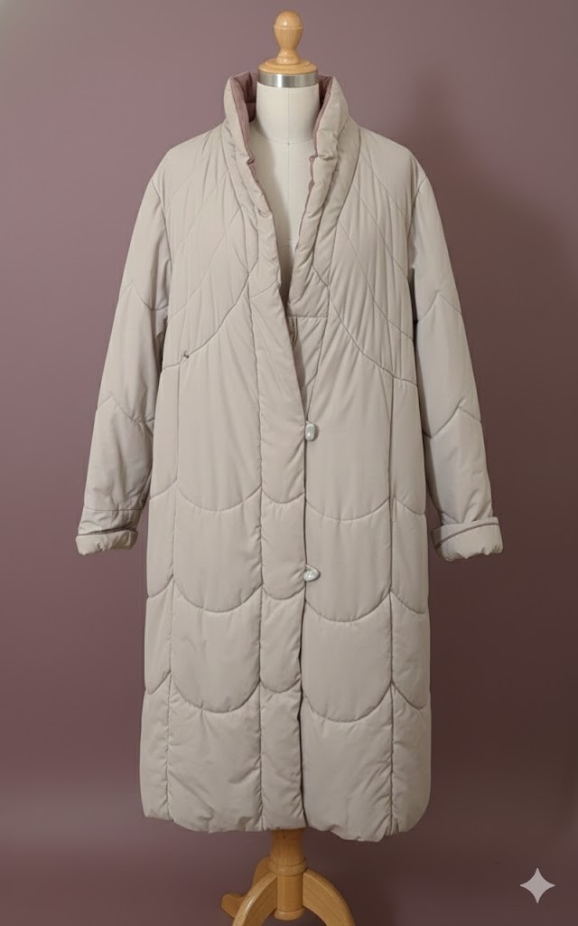 Vintage 80’s Mod Maid Puffer Coat- Beige with a Mauve Lining Zipper Button