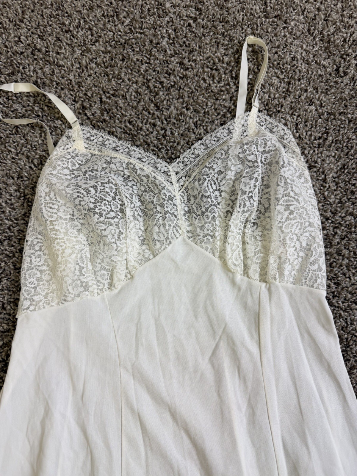 VTG Ivory Lace Slip Dress Size 36 Pleated Ruffle Hem Nylon Bridal Midi Made USA