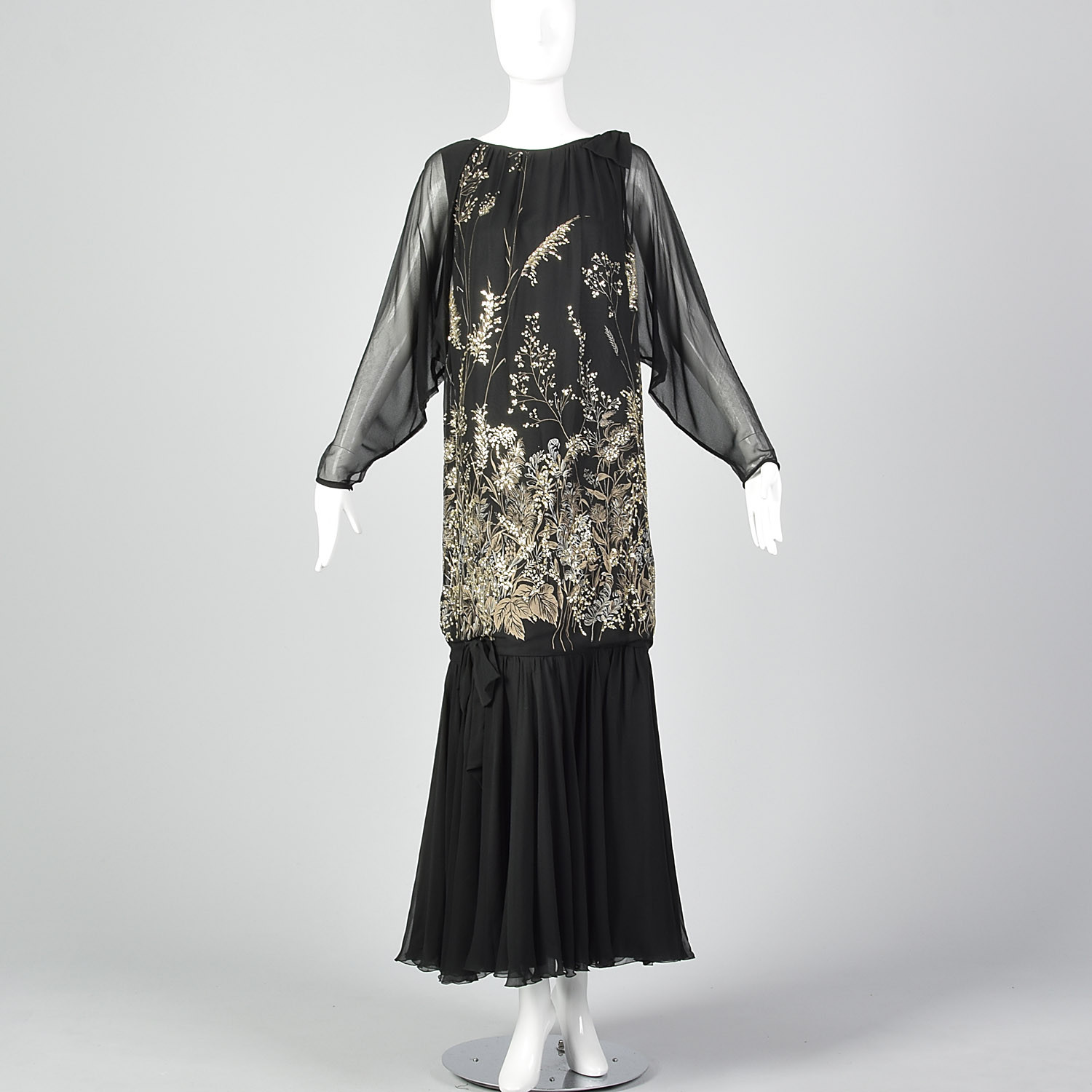 Small 1980s Black Drop Waist Printed Dress Gold Glitter VTG Long Maxi Party